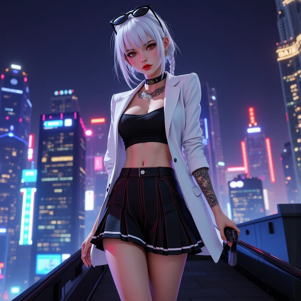 3D realistic, Full body figure, sharp face, 1 mafia woman Standing on the rooftop of a building, Japanese Sword , at night,  very amazing detail , Perfect type, The most charming idol, Stunning face, Beauty beyond the world,  Pure White Hair, Ring braid, Brown eyes, Tattoos , Sunglasses on my hair, The mouth is painted with red lipstick., Kakegurui, White blazer, Crop top,  Black Short Pleated Skirt, tight, high-heels, Radiant skin, Holographic style background, Deep neon color, Highest quality , The best details, Differences in light and shadow, การเคลื่อนที่Dynamic, Dynamic, It should be a wide angle shot., Low camera angle, Long-range view