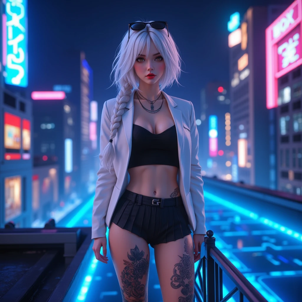 3D realistic, Full body figure, sharp face, 1 mafia woman Standing on the rooftop of a building, Japanese Sword , at night,  very amazing detail , Perfect type, The most charming idol, Stunning face, Beauty beyond the world,  Pure White Hair, Ring braid, Brown eyes, Tattoos , Sunglasses on my hair, The mouth is painted with red lipstick., Kakegurui, White blazer, Crop top,  Black Short Pleated Skirt, tight, high-heels, Radiant skin, Holographic style background, Deep neon color, spell,  Blue Water Stream Circulating, Blue Flame , Highest quality , The best details, Differences in light and shadow, การเคลื่อนที่Dynamic, Dynamic, It should be a wide angle shot., Low camera angle, Long-range view