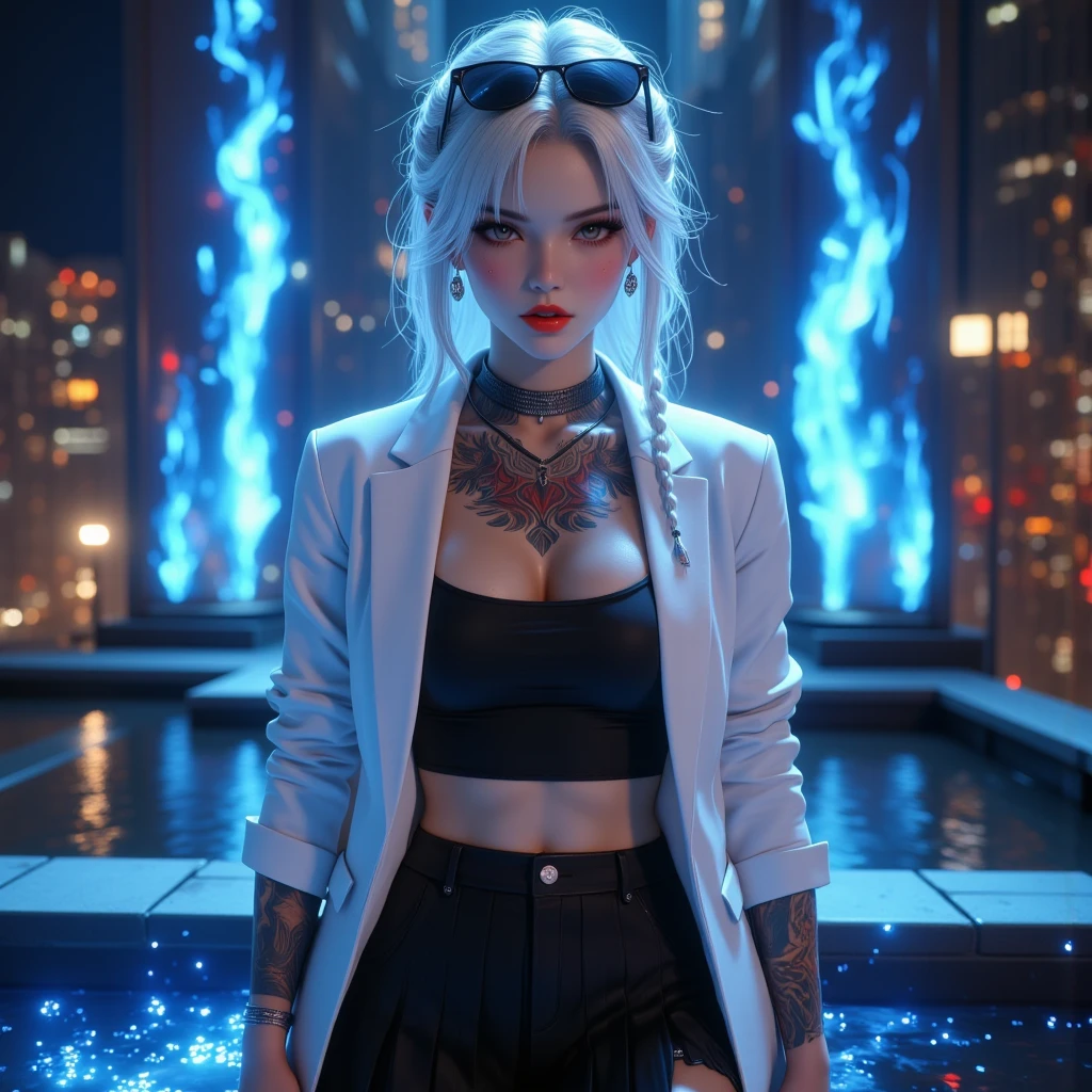 3D realistic, Full body figure, sharp face, 1 mafia woman Standing on the rooftop of a building, Japanese Sword , at night,  very amazing detail , Perfect type, The most charming idol, Stunning face, Beauty beyond the world,  Pure White Hair, Ring braid, Brown eyes, Tattoos , Sunglasses on my hair, The mouth is painted with red lipstick., Kakegurui, White blazer, Crop top,  Black Short Pleated Skirt, tight, high-heels, Radiant skin, Holographic style background, Deep neon color, spell,  blue water stream circulating, Blue Flame , Highest quality , The best details, Differences in light and shadow, การเคลื่อนที่Dynamic, Dynamic, It should be a wide angle shot., High camera angle, Long-range view