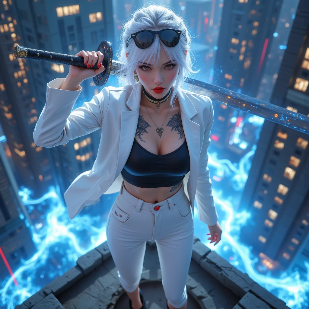 3D realistic, Full body figure, sharp face, 1 mafia woman Standing on the rooftop of a building, Japanese Sword , at night,  very amazing detail , Perfect type, The most charming idol, Stunning face, Beauty beyond the world,  Pure White Hair, Ring braid, Brown eyes, Tattoos , Sunglasses on my hair, The mouth is painted with red lipstick., Kakegurui, White blazer, high-heels, Radiant skin, Holographic style background, เวทมนตร์Dynamic,  Circulating Blue Waterline ,  Swirling Blue Flame, Highest quality , The best details, Differences in light and shadow, การเคลื่อนที่Dynamic, Dynamic, It should be a wide angle shot., High camera angle