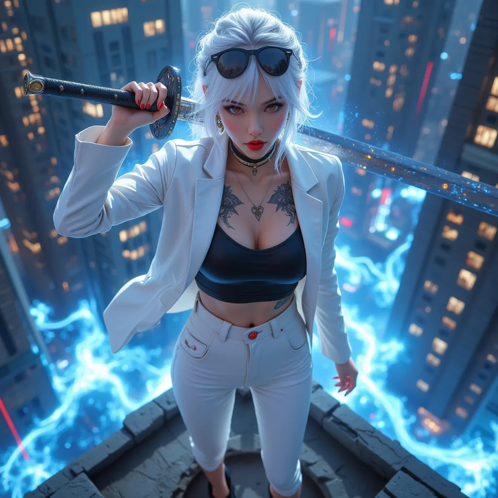 3d realistic, full body figure, sharp face, 1 mafia woman standing on the rooftop of a building, japanese sword , at night,  ver...