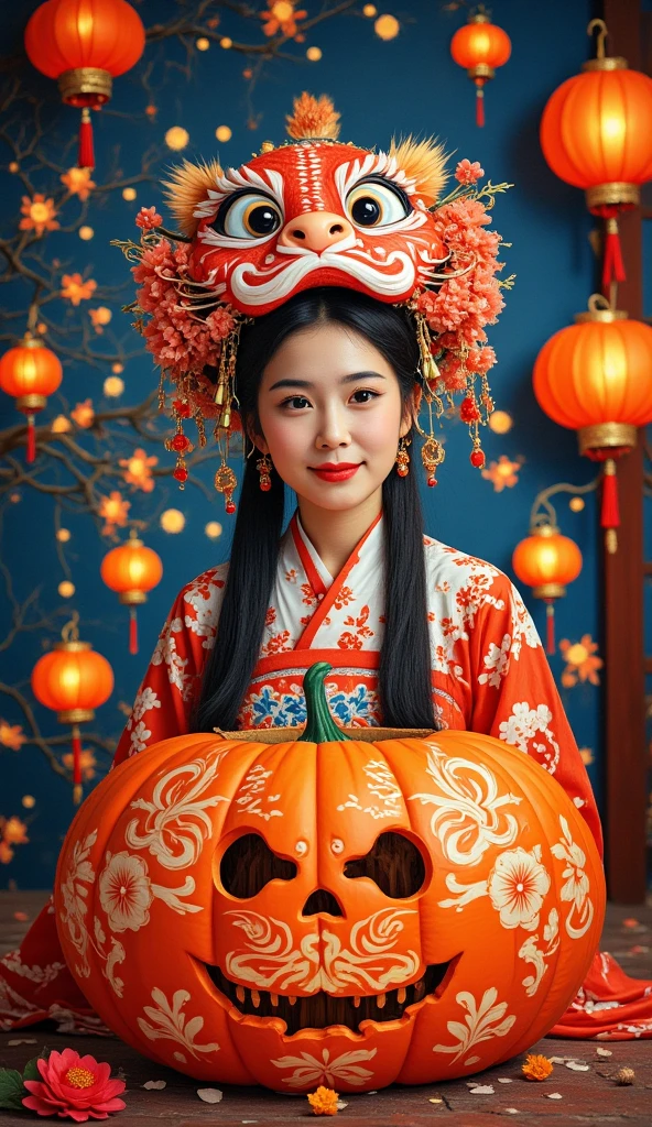 Large Peking Opera facial mask pattern background,simple atmosphere,funny pumpkin lantern carved lion headdress dress up,Chinese beautiful girl,cute and cute,girl Peking Opera facial makeup style,naughty and funny posture,small gourd waist hanging around the waist,small gourd waist showing auspicious clouds and thunder lines outline the "福" word carving,luminous particles,flowing light and shadow,movie feature,texture panorama,masterpiece,depth of field,ultra high definition,extreme detail,visual blockbuster,global illumination,