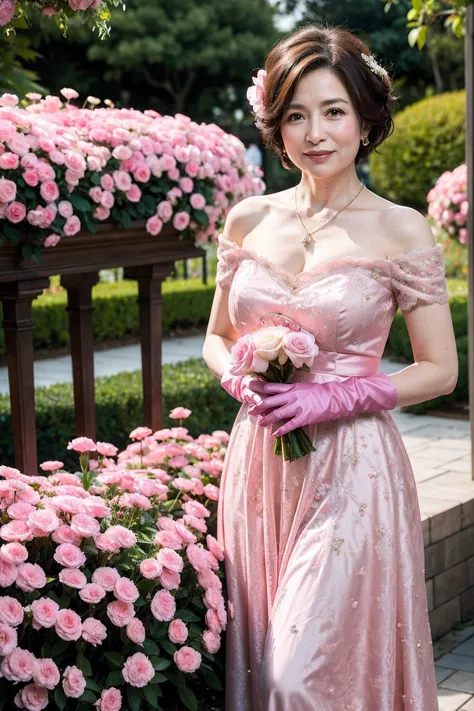 ((masterpiece)), ((best quality)), a middle-aged short-hair woman, ((she is wearing an ornamental pink wedding dress)), she is i...