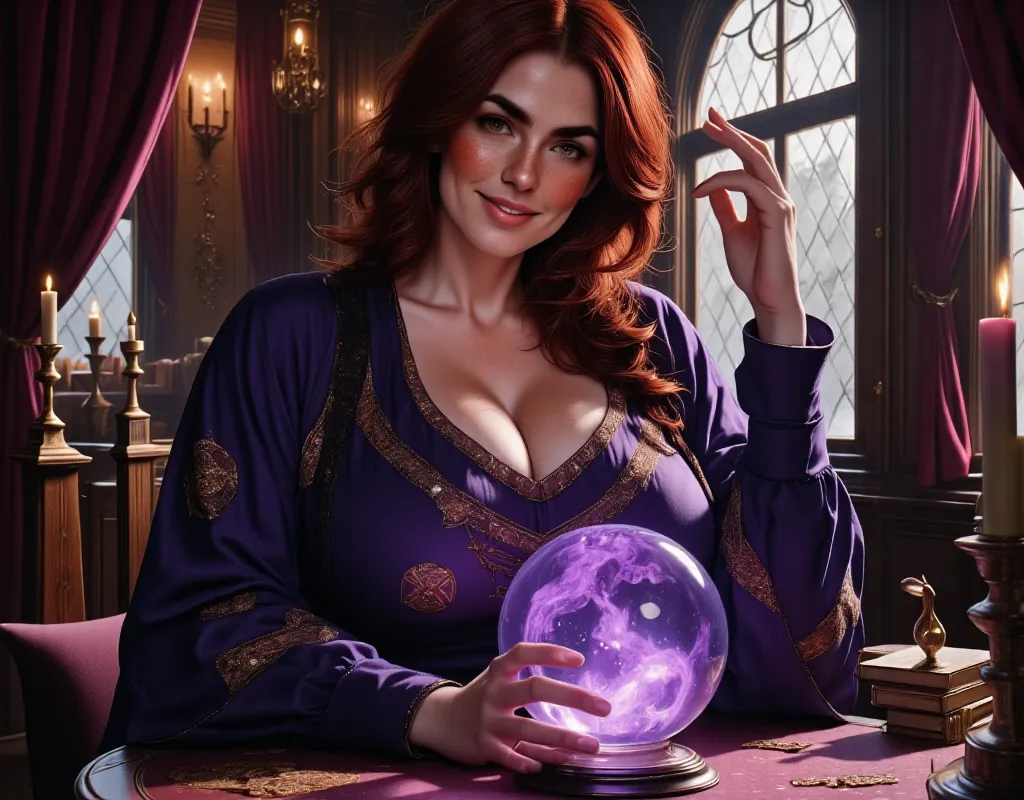 photorealistic, cinematic style, picture of a beautiful british woman sitting in a fortune-tellers wagon. she has a crystal ball...