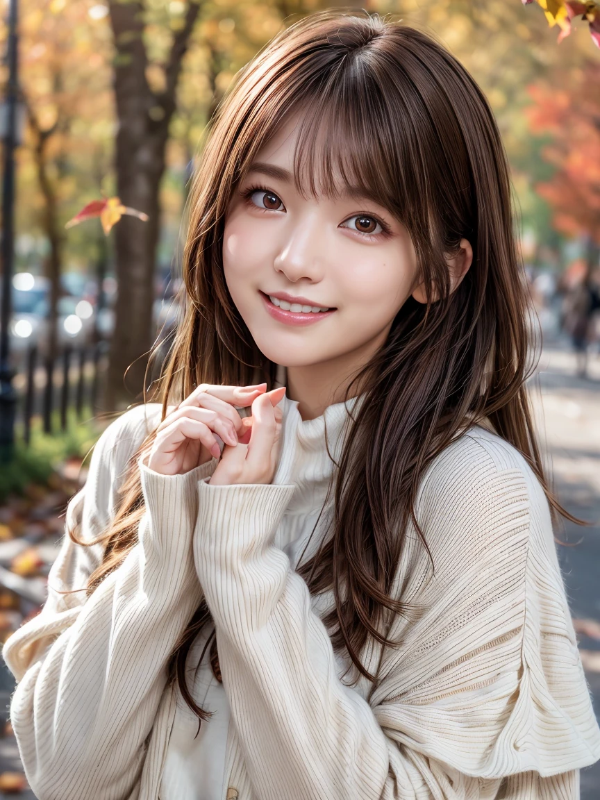 Ultra-high resolution CG Unity 8K wallpaper, Best Quality、((Brown Hair、Girly Hair: 1. 5)), ((Red eyes:1.3)), ((Droopy eyes:1.5)), ((smile:1.4)),  ((Image Processing Algorithms：1.2))、High pixel density、Beautiful and sophisticated eyes、Best Quality, Ultra HD, Ultra-clear illustrations、 high contrast、Color tone correction、 super realistic oily and shiny skin, Detailed fabric texture,  Physically Based Rendering、Retina、 ray tracing, RAW Photos, Natural front light、Accurate Fingers,  anatomically correct, 
break、
Autumn outfit、Autumn leaves、Autumn breeze、