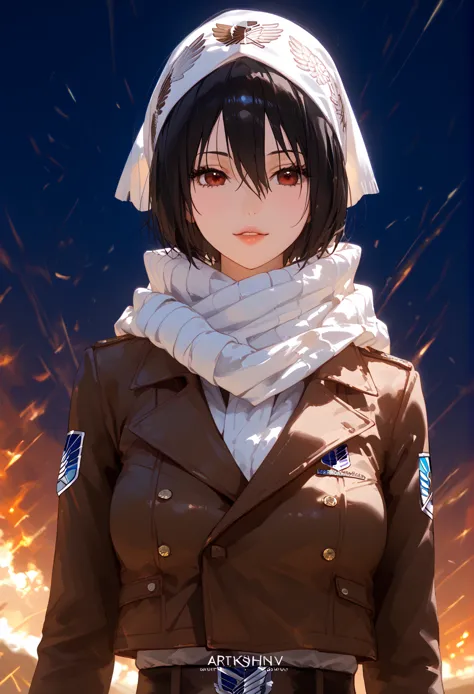 Anime girl with bandaged head and scarf, From Attack on Titan,  Ilya Kuvshinov . 4k yen,  Seductive Anime Girls , anime style 4k yen, Top rated on pixiv,  Mikasa Ackerman,  clean detailed anime art, Art Style :  Ilya Kuvshinov , artgerm and  Ilya Kuvshinov , 4k yen manga wallpaper