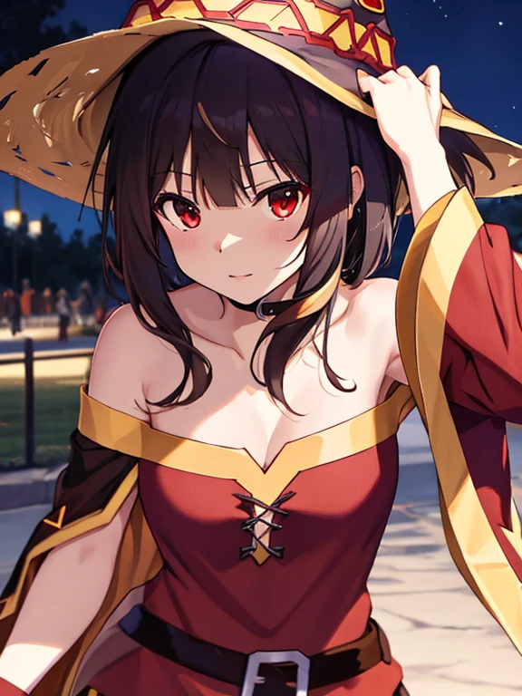 Costume, Night Park, (Megumin), UHD, retina, masterpiece, accurate, anatomically correct, textured skin, super detail, high details, high quality, best quality, highres, 8k