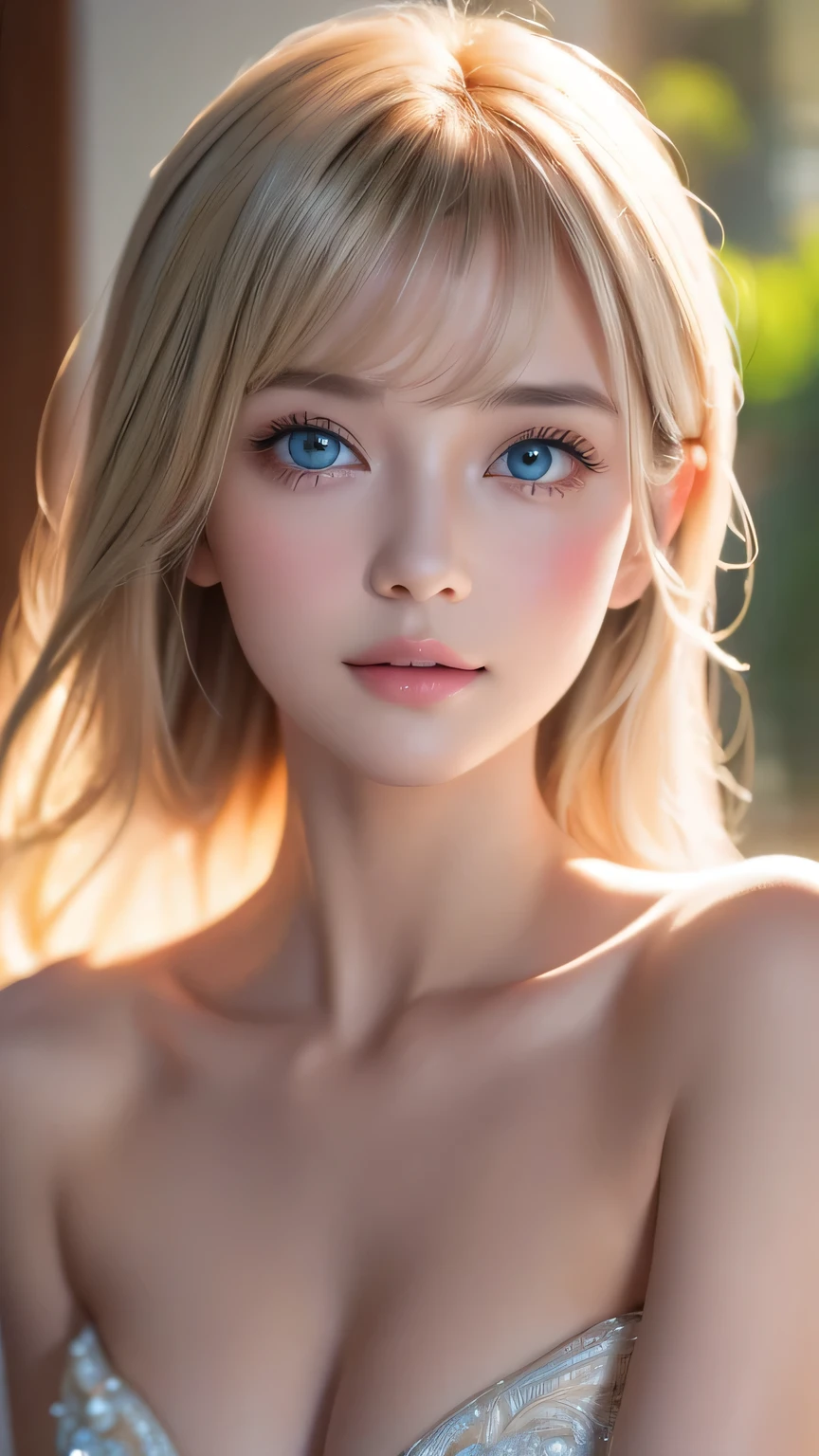 A stunning blonde beauty、 Big mint-colored eyes that shine so beautifully and are incredibly bright、Best Quality、8K Masterpiece、超A high resolution、( photoreal:1.3)、RAW Photos、Super Beauty、VERY SHORTCUTS 、Silvery bright hair that makes you wake up 、Glowing Skin、((Ultra-Realistic Details))、Portrait、 GLOBAL ILLUMINATION 、shadow、In 8K、Super sharp、Beautiful breasts、Very intricate details、Realistic Light、 beautiful eyes、Shining Eyes、 stare at the camera to capture the audience、Cute beautiful girl、Bangs between the eyes、Bangs that fall on the face、 eyes when completely naked、Round face、Small Face Beauty