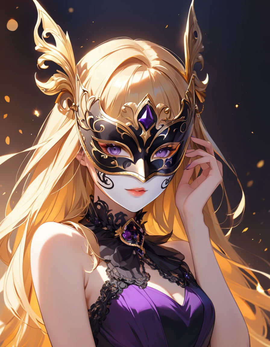 1 female,  Long Blonde Hair  , Masked Face, Masquerade、orange, purple and black mini dress、 upper body、Masquerade Mask、