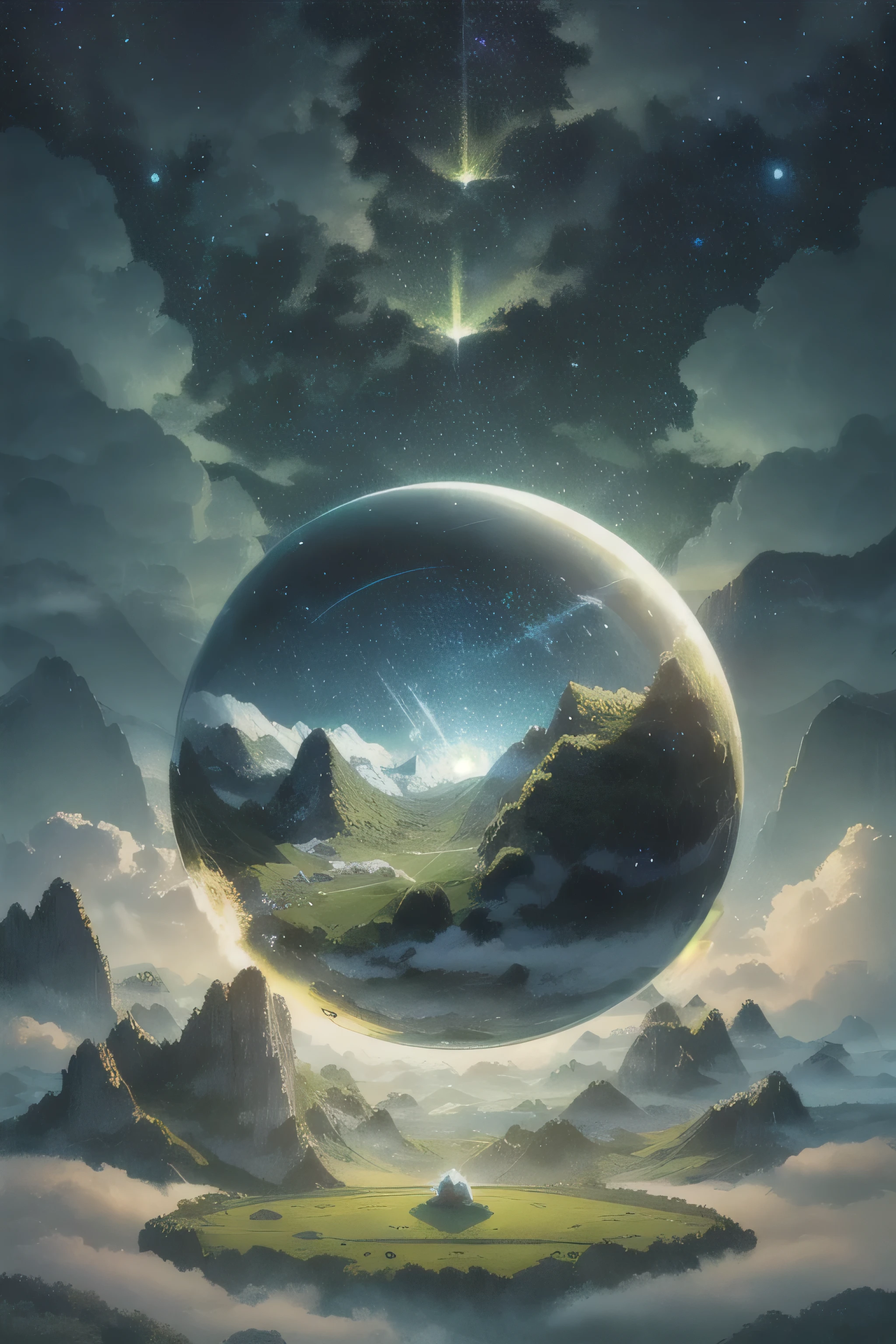 A giant mirror sphere floating in space, flashing lights, sad lost hamster (heavenly green fields surrounded by high mountains and clouds:1.3), non-ar particles, rays of god, stars in the background, Intricate fractals, detailed, (Illustration), masterpiece,  high resolution , Melhor qualidade.