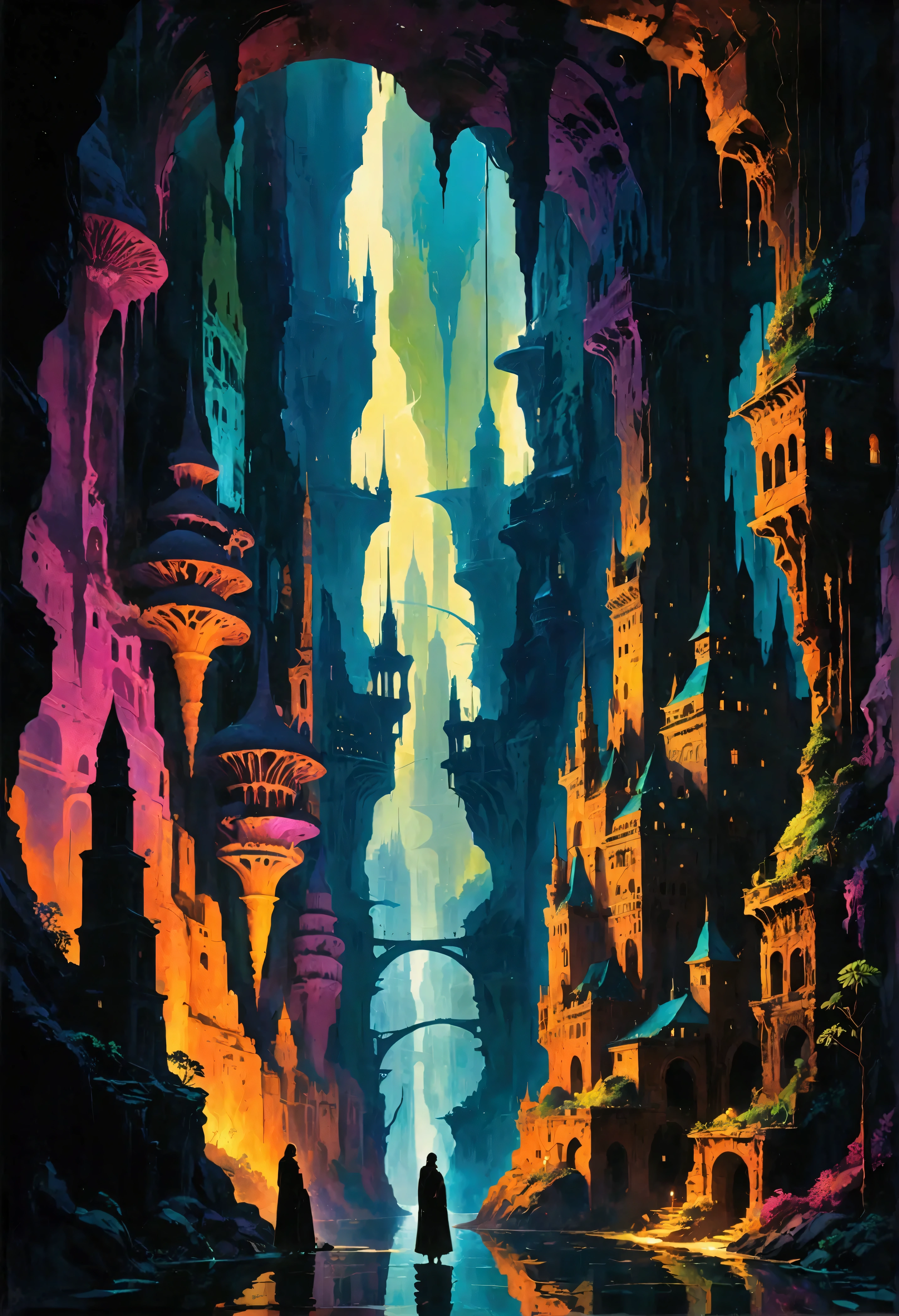 Imagine an expansive underground city sprawled out beneath the earth's surface, a vibrant labyrinth of glowing structures and illuminated pathways. The cityscape is layered with towering stalactites and stalagmites that form natural skyscrapers, casting intricate shadows on the cavernous walls. The architecture blends futuristic elements with ancient subterranean designs, with bioluminescent plants intertwining around metallic structures. The atmosphere is saturated with a spectrum of colors, from deep blues and purples to electric greens and golds, creating a mesmerizing display that dances across the stone cityscape. People move like shadows through this hidden metropolis, their silhouettes illuminated by the ambient glow. Each building tells a story, with symbols and scripts etched into the walls that hint at a rich, mysterious history. Capture the essence of this ethereal underground city with dynamic, bold strokes and a rich tapestry of vivid colors, creating a sense of depth and wonder that invites the viewer to explore the secrets of this hidden world.