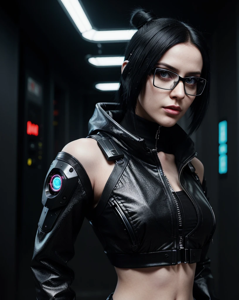 Rockstar's picture ,  Black hair, cyberpunk, his outfit exudes binary elegance, each movement testifies to glitchy perfection. rock music singer cybernetic, 1girl. Rock music player, shiny shoulders, futuristic glasses, infrared vision, bionic eye, 35 year old woman, perfect face , perfect skin, American girl 