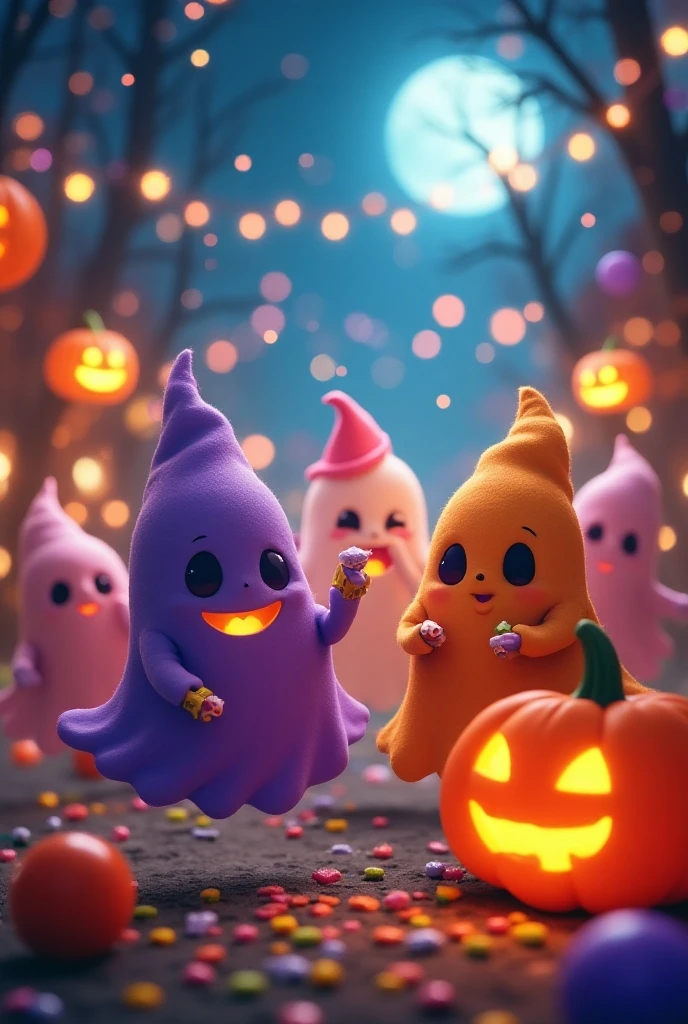 (A festival scene where cute ghosts gather on a colorful Halloween night), (Little ghosts wear colorful costumes of purple and orange, smiling and dancing while collecting sweets), (Surroundings are , jack-o-lanterns shine brightly, balloons and decorations add lively color), (ghosts enjoy games and costume contests with friends while holding colorful candies and sweets), (ghosts in the sky The stars are twinkling, the moonlight is shining gently, and joyful music is echoing.)