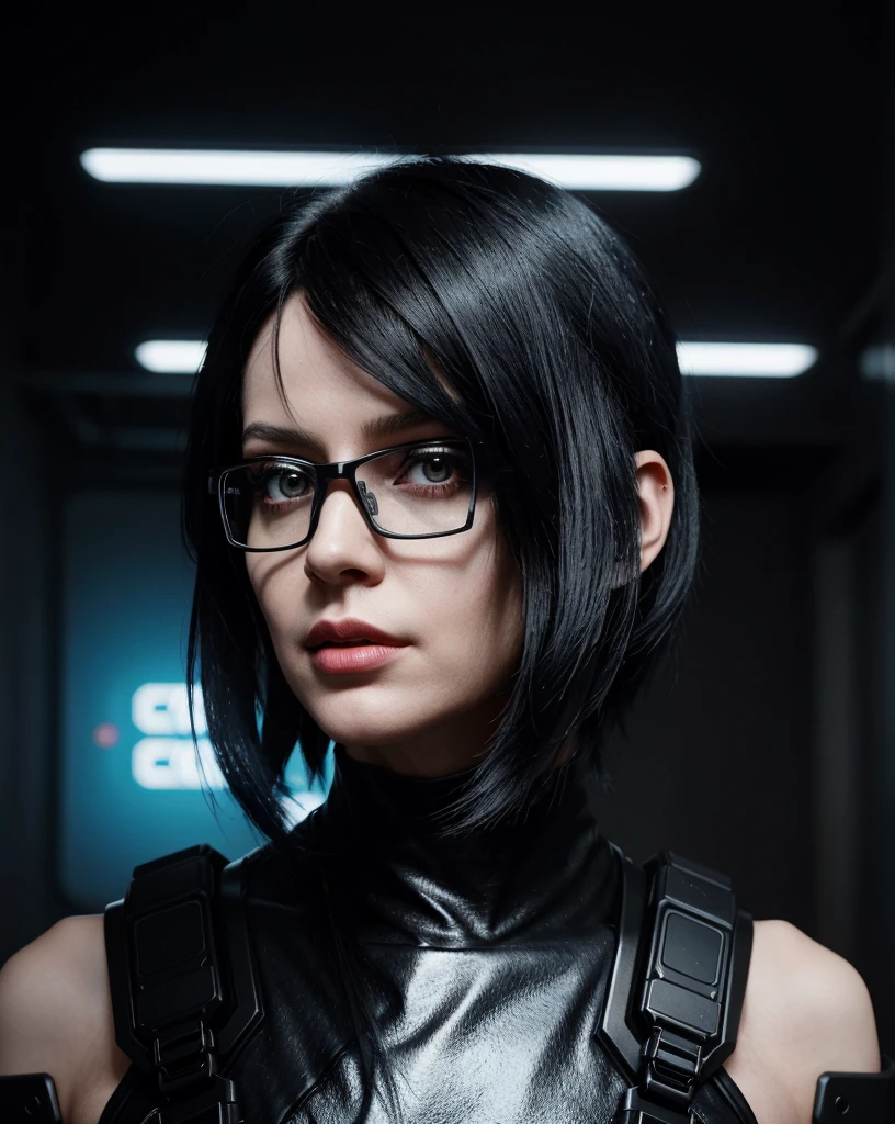 Rockstar's picture ,  Black hair, cyberpunk, his outfit exudes binary elegance, each movement testifies to glitchy perfection. rock music singer cybernetic, 1girl. Rock music player, shiny shoulders, futuristic glasses, infrared vision, bionic eye, 35 year old woman, perfect face , perfect skin, American girl 