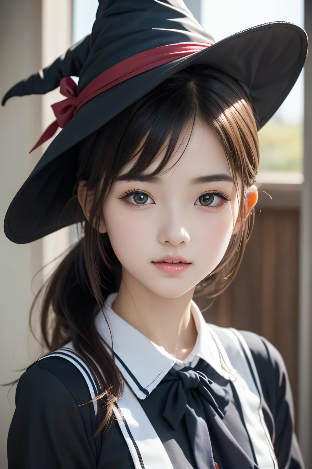 (One Girl),  very cute face,  amazing face and eyes , ( highly detailed eyes,  very detailed faces ), Fresh, Very beautiful appearance, ( super real,  High Resolution ), (Best Quality:1.4), RAW Photos, (Realistic, Realistic:1.37),  Professional photos  , (Junior High School Uniform:1.3) , (Clevis:1.2),   Laugh a Little , (look at me) , Portrait of a Girl  , (Small breasts)   , (( Witch Costume)) , ((Black pointed hat))、( ponytail hair ) , ( school uniform with narrow eye space ) ,Red ribbon、Hair Clip、((No makeup))、pumpkin