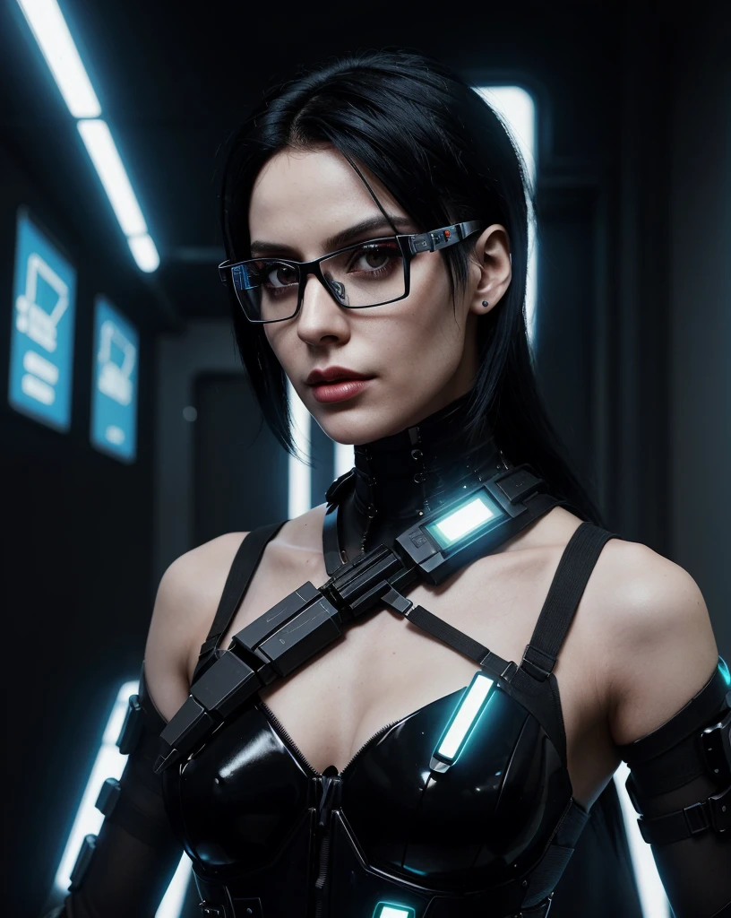 Rockstar's picture ,  Black hair, cyberpunk, his outfit exudes binary elegance, each movement testifies to glitchy perfection. rock music singer cybernetic, 1girl. Rock music player, shiny shoulders, futuristic glasses, infrared vision, bionic eye, 35 year old woman, perfect face , perfect skin, American girl 