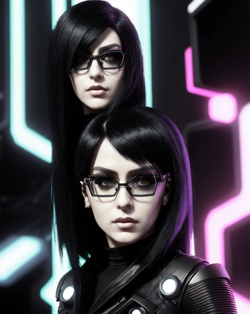 Rockstar's picture ,  Black hair, cyberpunk, his outfit exudes binary elegance, each movement testifies to glitchy perfection. rock music singer cybernetic, 1girl. Rock music player, shiny shoulders, futuristic glasses, infrared vision, bionic eye, 35 year old woman, perfect face , perfect skin, American girl 