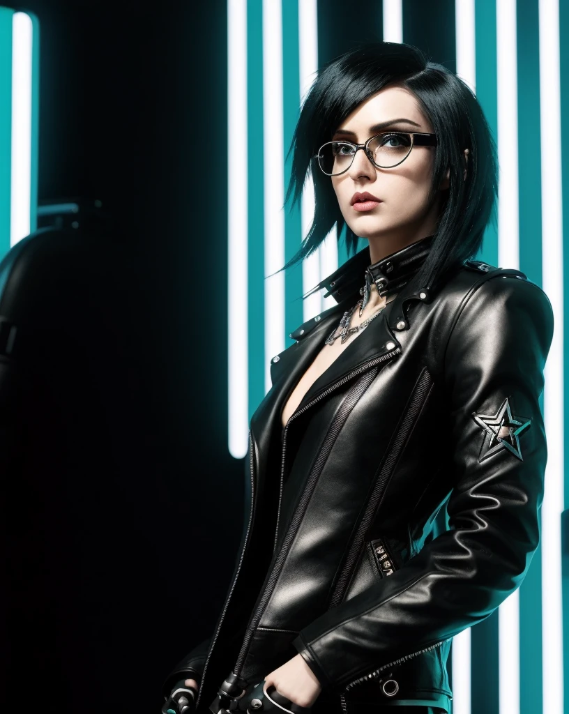 Rockstar's picture ,  Black hair, cyberpunk, his outfit exudes binary elegance, each movement testifies to glitchy perfection. rock music singer cybernetic, 1girl. Rock music player, shiny shoulders, futuristic glasses, infrared vision, bionic eye, 35 year old woman, perfect face , perfect skin, American girl , 1girl , leather jacket 