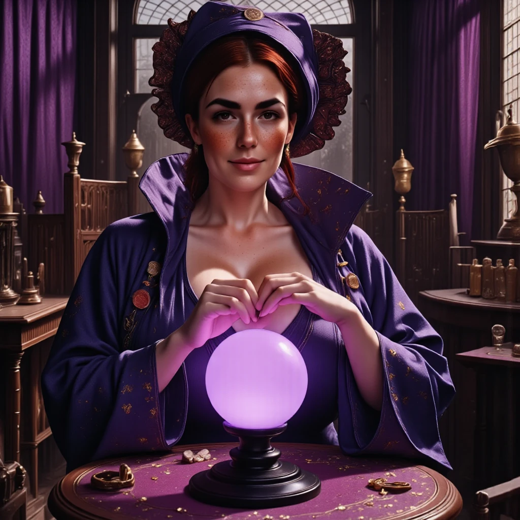 Photorealistic, cinematic style, picture of a beautiful British woman sitting in a fortune-tellers carnival wagon. Small space, no windows. She has a crystal ball on the table in front of her, and she's hovering her hand over it. (Dynamic pose: 1.5), (she is smiling). She has Brown eyes, downturned eye shape, light skin and freckles, reddish-brown hair, ponytail hairstyle .  She's wearing a purple robes with arcane symbols. In the background purple velvet curtains and tapestries. Dark, candlelight. Crystal ball on a round table, violet light emanating from the ball. ((Theme colour is purple)). perfect hand,HDR, intricate details ,