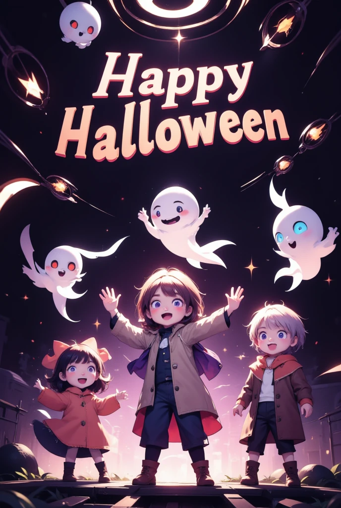 it says "Happy Halloween", conceptual installation fantasy art, kawaii chibi characters of boys and girls, excited, joy, jumping up, purple, orange, illuminated lines, background black and white residential streetscape, dancing ghosts various effects, delicate and dynamic textures, contrasts of light and shadow, 2.5D, digital graphic CG, ultra detailed, absolutely resolution, best quality