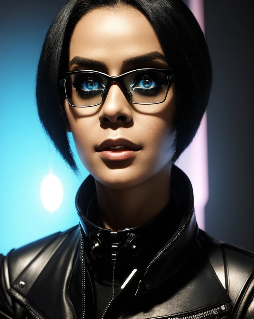 Rockstar's picture ,  Black hair, cyberpunk, his outfit exudes binary elegance, each movement testifies to glitchy perfection. rock music singer cybernetic, 1girl. Rock music player, shiny shoulders, futuristic glasses, infrared vision, bionic eye, 35 year old woman, perfect face , perfect skin, American girl , 1girl , leather jacket , bionic futurist eyes ,light skin