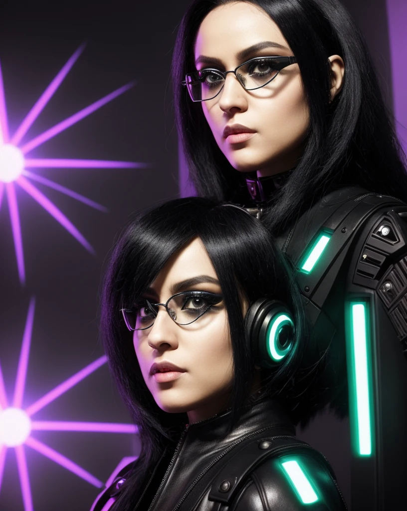 Rockstar's picture ,  Black hair, cyberpunk, his outfit exudes binary elegance, each movement testifies to glitchy perfection. rock music singer cybernetic, 1girl. Rock music player, shiny shoulders, futuristic glasses, infrared vision, bionic eye, 35 year old woman, perfect face , perfect skin, American girl , 1girl , leather jacket , bionic futurist eyes ,light skin, triangle face , one girl 