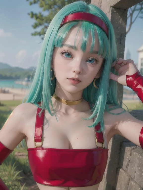 masterpiece, best quality, highest quality, photorealistic, perfect anatomy, perfect face, perfect eyes,
aqua hair, brabulladbgt, red hairband, red gloves, red crop top,  blue eyes, skirt, hoop earrings, choker, 1girl, outdoors, sexy pose, (( no panties))