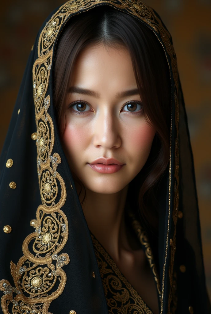 An ultra-detailed portrait of a stunningly beautiful east asian slender woman, wearing an intricately adorned scarf with golden embroidery and embellishments. Her eyes are striking against her dark, ornate veil, which partially covers her face. The fabric of her attire is rich and luxurious, detailed with fine patterns of black and gold, giving the image a regal and elegant touch. The expression in her eyes is intense, mysterious, and captivating, while the play of light subtly reflects off the metallic details in her clothing, enhancing the overall elegance and allure of the scene. The style is reminiscent of classic oil paintings, with influences from romantic realism and the ornate aesthetics of Gustav Klimt, emphasizing the contrast between the delicate beauty of the subject and the opulent richness of her attire.