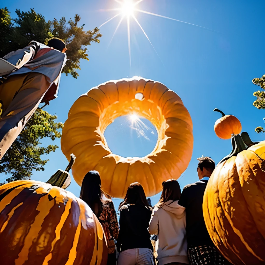 Surrealism、 A giant pumpkin appears in the sky above the big city、A giant pumpkin with God's eye 