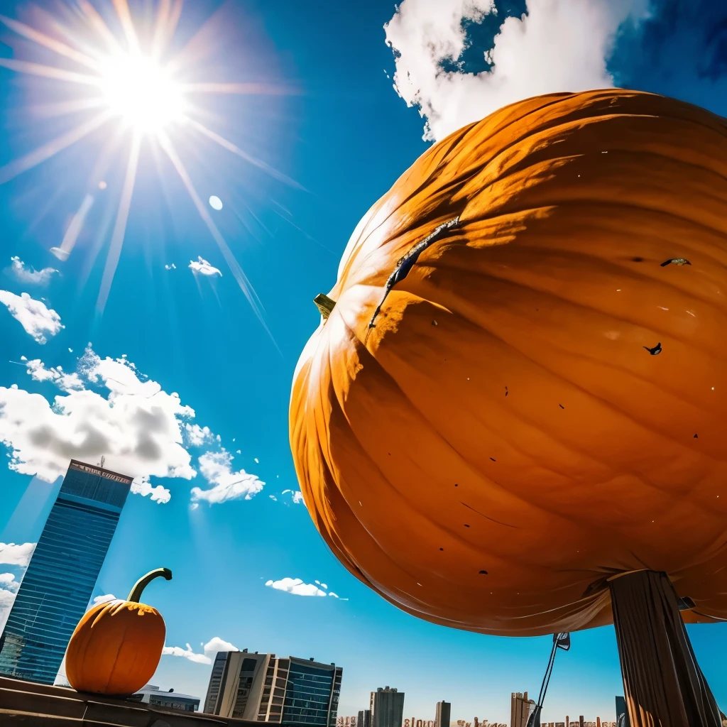 Surrealism、 A giant pumpkin appears in the sky above the big city、A giant pumpkin with God's eye 