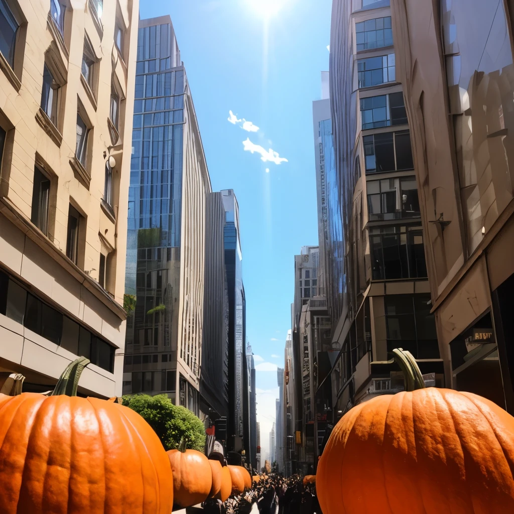 Surrealism、 A giant pumpkin appears in the sky above the big city、A giant pumpkin with God's eye 