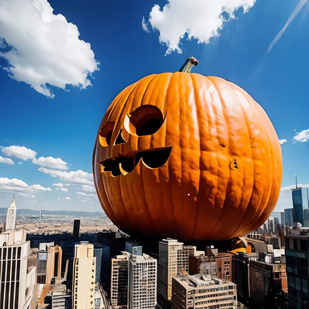 Surrealism、 A giant pumpkin appears in the sky above the big city、A giant pumpkin with God's eye 