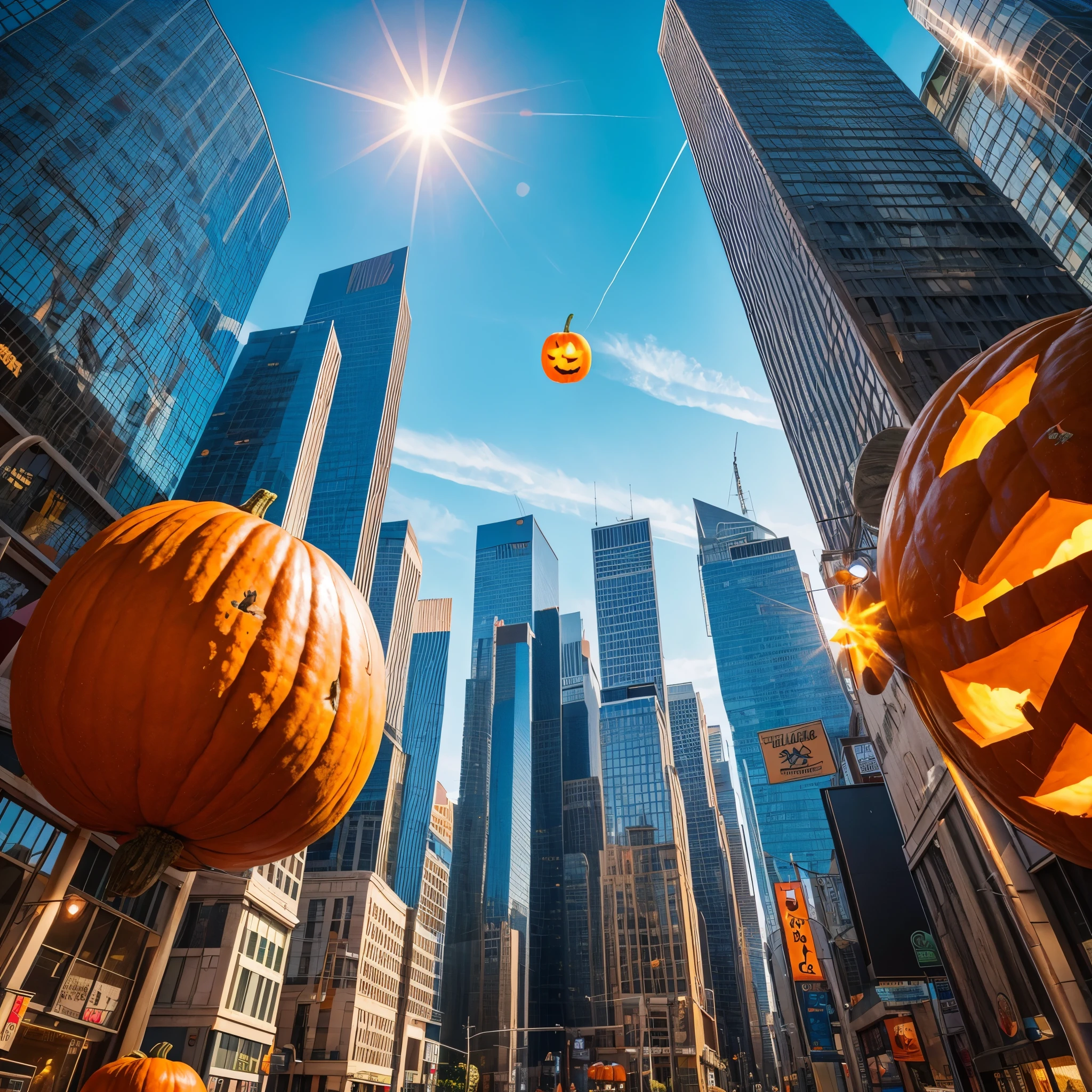 Surrealism、 A giant pumpkin appears in the sky above the big city、A giant pumpkin with God's eye 