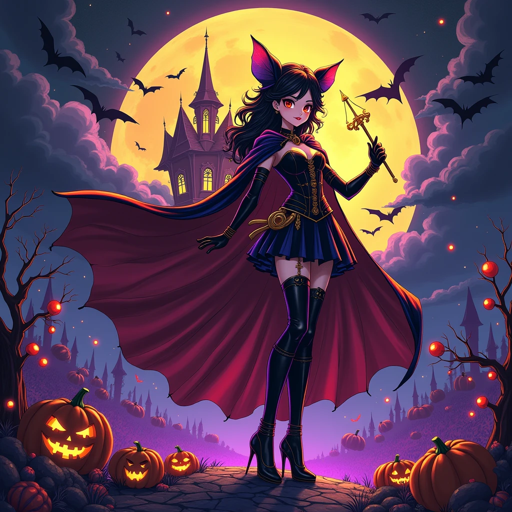 1 Theme(Masterpiece illustration art、 Fantasy 、Halloween、Valor、Halloween heroes).

[data1]="((background（Legendary pumpkin house(orange銀メッキ、Metal house、The strongest pumpkin fairy（huge）、Gothic illustration)、moonlight(midnight)、Line art、Overwhelming scale、Presence、Purpleと黄色の輝き）))"

[data2]="Magical Pretty Warrior（Halloweenのファッション、so cutie（(Magical style,so cute)））、body(happy & lovely)） + pop cute girl anime style"

[data3]="hero（Halloweenのプロ、Big magic wand（Presenceがある杖（ Angel Wings or Swallowtail Butterfly））、Yummy Sweet Treats + Candy Decorations 、 Glowing Cyber Hologram （Oil painting effect））、Cape（Halloween（red+black+Purple+orange）、cute））"

2. Conclusion、Overall flavor（Sparkling neon effect.Decorative(pretty pop color) Deformed lines.）.

3 ultra draw(very 8k,anime+Gothic style illustration(excellent good),Beautiful(very) quality) ((background画像=[data1])) with [data2] [data3].

Quality{
	Supreme Perfection.
	Perfect illustration Wonderful Quality!
	Ultra Perfect High class image.
	Ultra Perfect High grade image.
	halloween art works.
	Don't make it 18+.
	Don't make it R18.
	No adult content.
	happy ren's work.
	Artwork that s will enjoy.
	holy illustration + sacred + Ukiyo-e + retro feel.
	holiday poster wallpaper.
	Neat + For adults + Peace + Absolute realm.
	add Painting Gospel .
}