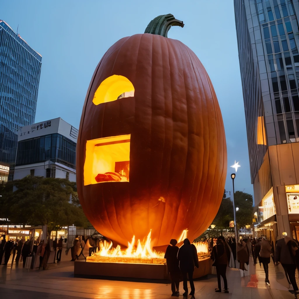 Surrealism、 A giant pumpkin appears in the sky above the big city、A giant pumpkin with God's eye 