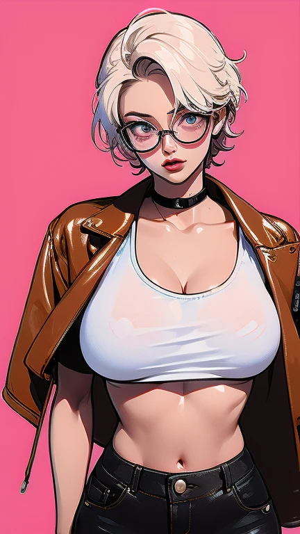 (masterpiece), best quality, expressive eyes, perfect face(masterpiece), best quality, expressive eyes, perfect face, a woman, 25 age,  80s style, short white hair, bronze skin, large breasts, big , brown leather jacket, amber eyes, aviator glasses, shirtless, under , pink nipples, neon city background, holsters, spike chocker, black crop t-shirt