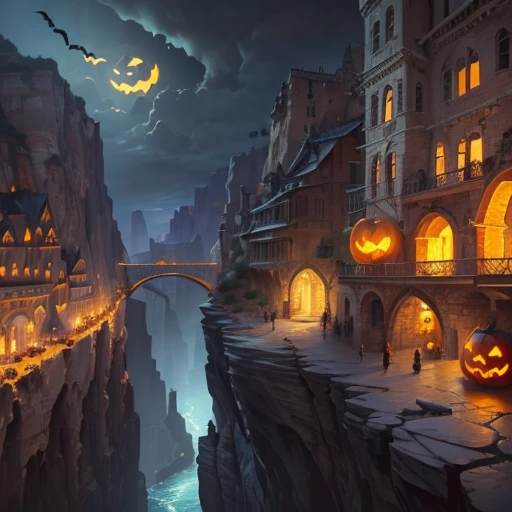 ((Best quality)), (((masterpiece))), dynamic lighting, (Canyon cliff city), (Medieval architecture), ((Houses built on a rock wall)), very deep canyons in the middle, Deep river at the bottom of the canyon, (architectural streets, bazaars, ((Big Bridges))), (((A town decorated for Halloween))), cloudy day, Dark night, steampunk