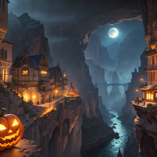 ((Best quality)), (((masterpiece))), dynamic lighting, (Canyon cliff city), (Medieval architecture), ((Houses built on a rock wall)), very deep canyons in the middle, Deep river at the bottom of the canyon, (architectural streets, bazaars, ((Big Bridges))), (((A town decorated for Halloween))), cloudy day, Dark night, steampunk