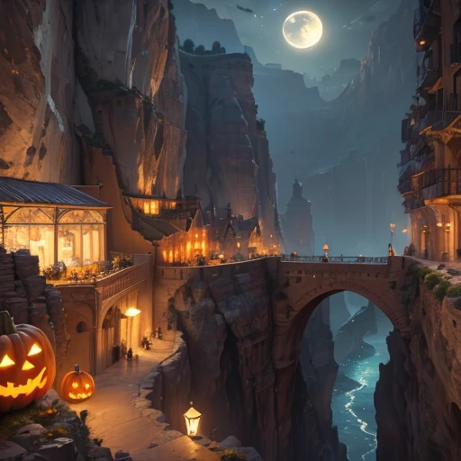 ((Best quality)), (((masterpiece))), dynamic lighting, (Canyon cliff city), (Medieval architecture), ((Houses built on a rock wall)), very deep canyons in the middle, Deep river at the bottom of the canyon, (architectural streets, bazaars, ((Big Bridges))), (((A town decorated for Halloween))), cloudy day, Dark night, steampunk