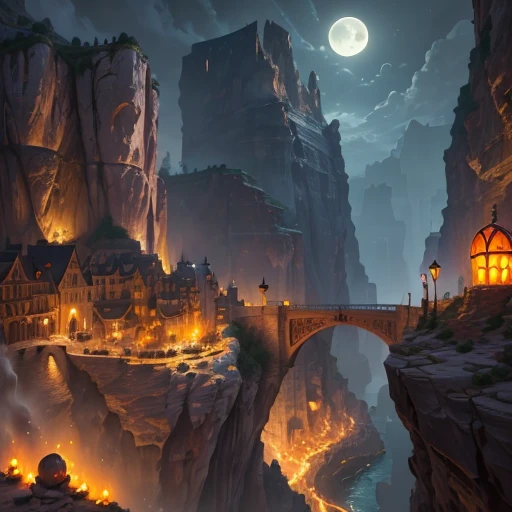 ((Best quality)), (((masterpiece))), dynamic lighting, (Canyon cliff city), (Medieval architecture), ((Houses built on a rock wall)), very deep canyons in the middle, Deep river at the bottom of the canyon, (architectural streets, bazaars, ((Big Bridges))), (((A town decorated for Halloween))), cloudy day, Dark night, steampunk