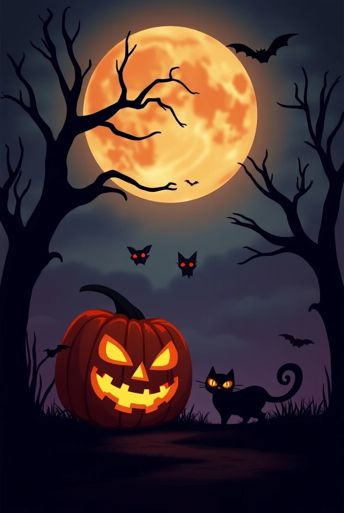 {"prompt": "A Halloween-themed wallpaper with a spooky and mysterious atmosphere. The scene features a full moon in a dark, cloudy night sky, casting an eerie glow over a pumpkin lantern with a carved face, a black cat with glowing eyes, and several bats flying in the background. Silhouettes of bare, twisted trees are visible, with a few ghostly figures floating near them. The overall color palette is dominated by deep oranges, blacks, and purples, evoking a classic Halloween vibe."}
