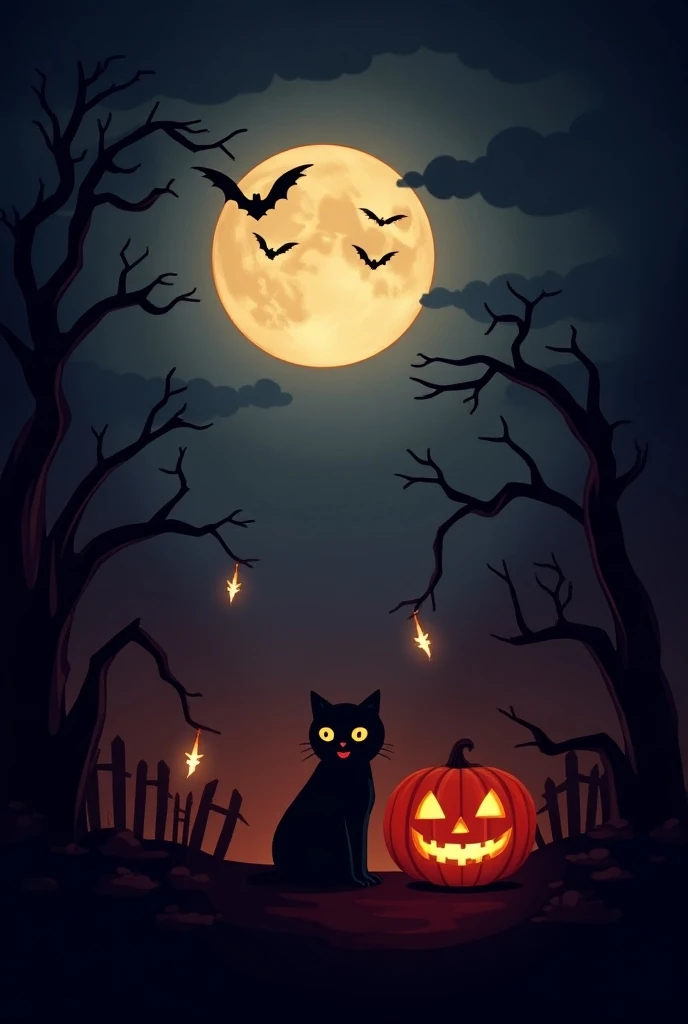 {"prompt": "A Halloween-themed wallpaper with a spooky and mysterious atmosphere. The scene features a full moon in a dark, cloudy night sky, casting an eerie glow over a pumpkin lantern with a carved face, a black cat with glowing eyes, and several bats flying in the background. Silhouettes of bare, twisted trees are visible, with a few ghostly figures floating near them. The overall color palette is dominated by deep oranges, blacks, and purples, evoking a classic Halloween vibe."}
