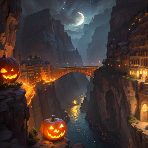 ((Best quality)), (((masterpiece))), dynamic lighting, (Canyon cliff city), (Medieval architecture), ((Houses built on a rock wall)), very deep canyons in the middle, Deep river at the bottom of the canyon, (architectural streets, bazaars, ((Big Bridges))), (((A town decorated for Halloween))), cloudy day, Dark night, steampunk