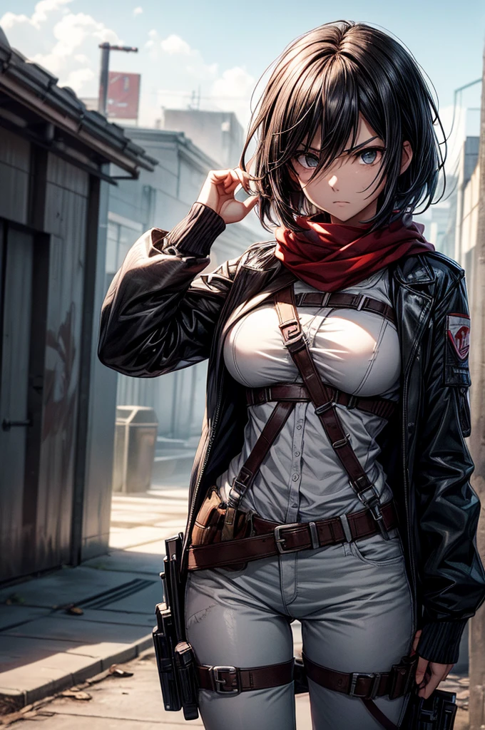 Score_9,score_8_up,score_7_up,source_anime,perfect hands,good hands,five fingers on both hands,Mikasa Ackerman/(attack on Titan/),Mikasa Ackerman in her 20s,mature Mikasa,serious,angry,slim beautiful figure body,short hair,black hair,hair between eyes,black eyes,beautiful eyes,angry eyes,big breasts,big ass,wearing white shirt,under shirt,brown jacket,bottomless jacket,sleeves,white pants,tight pants,full sleeves,red scarf,stylish belt,thigh straps,emblem,brown big boots,shiny,shiny skin,bullet bags attached in her belt,holding m416 rifle in her hands,aiming at the enemy,standing,aiming at one house,ruins,sunset day,sunset,clouds,vibrant colours,(((PG RATED))),picture perfect,masterpiece,absurdes,best quality,best graphics,best resolution,best detailed,1024k,HDR,RTX ON,ray tracing:1.4,sharp focus,sharp focus on details,shadows,cinematic lighting,volumetric lighting,dramatic lighting,dynamic lighting