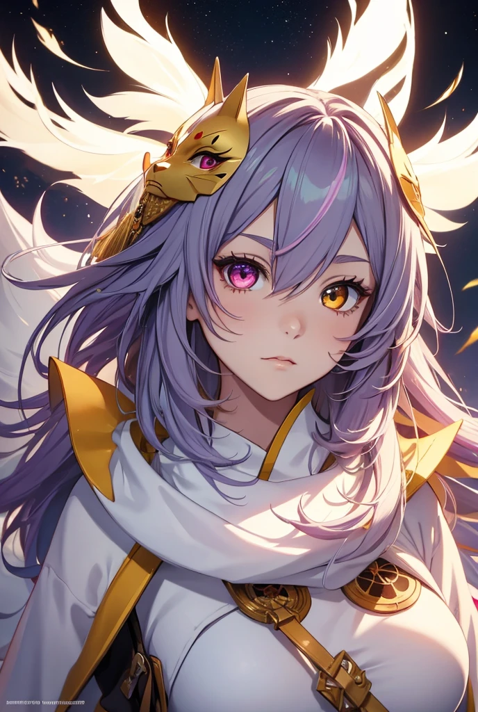 1 girl, Alone,  high resolution , masterpiece, medium hair, Multi-colored hair, heterochromia,  detailed bottom , Kitsune mask on the forehead showing the face, ANIME STYLE, 