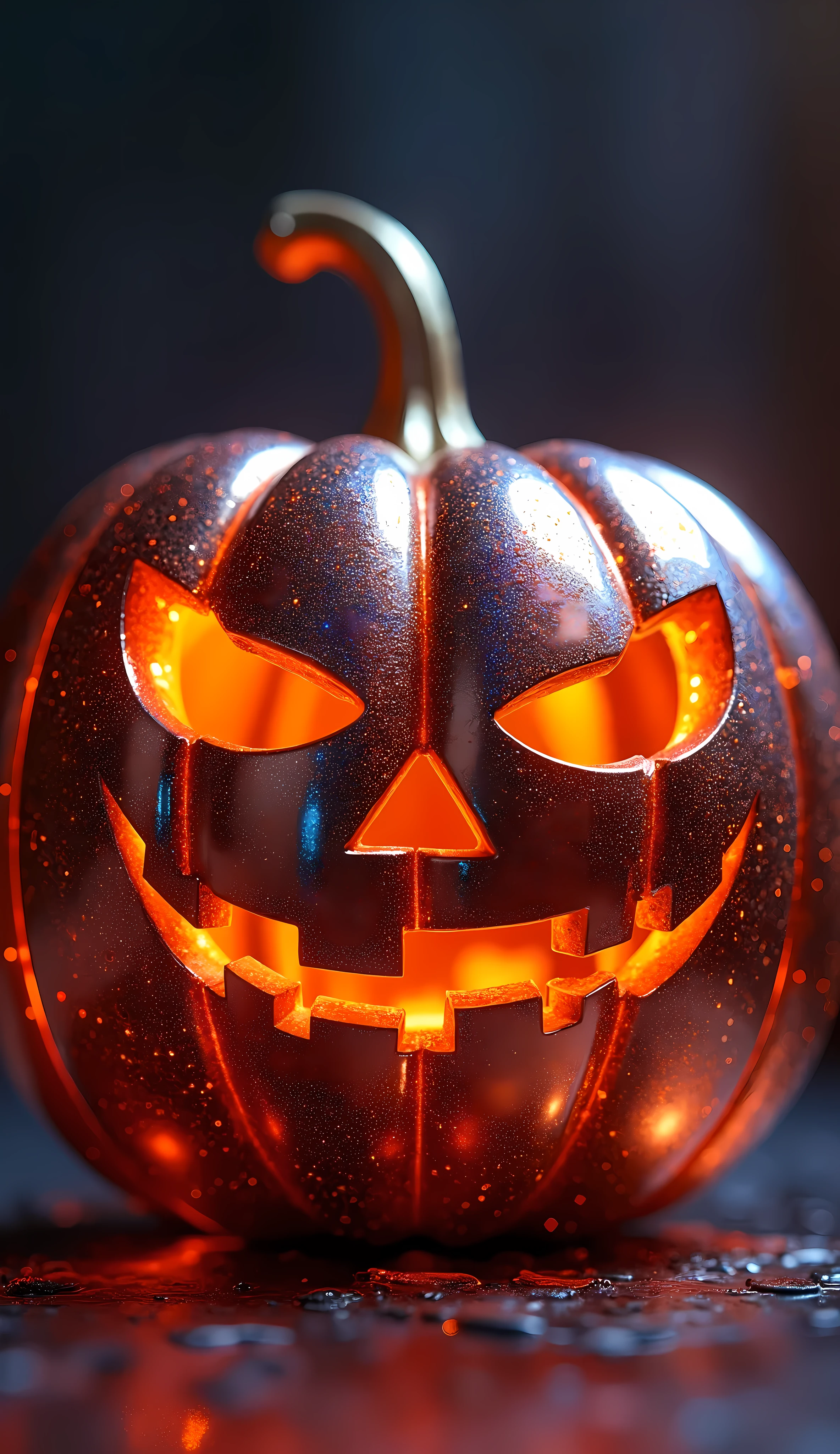 a highly detailed, glossy, shiny, reflective, hard, heavy, iridescent halloween pumpkin, 4k, 8k, hyperrealistic, photorealistic, ultra-detailed, extremely intricate, masterpiece, cinematic lighting, volumetric lighting, vibrant colors, glowing, shimmering, metallic paint, chrome, metal, metallic, realism, 3D, CGI, hyper-detailed, award-winning, studio lighting, high-end digital art