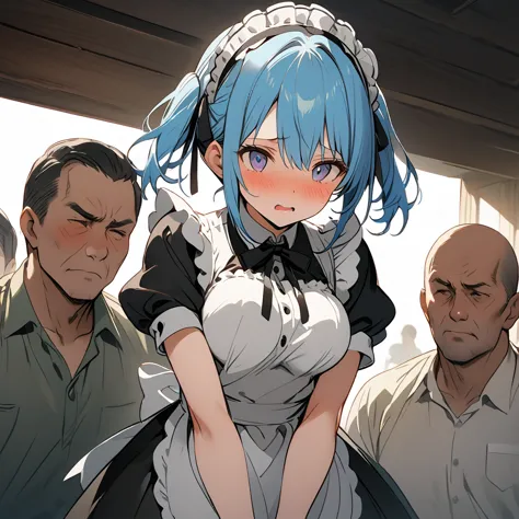 best quality. anime cute girl. straight light blue hair with ponytails. gray eyes, very fair skin. sexy maid dress. she works as...