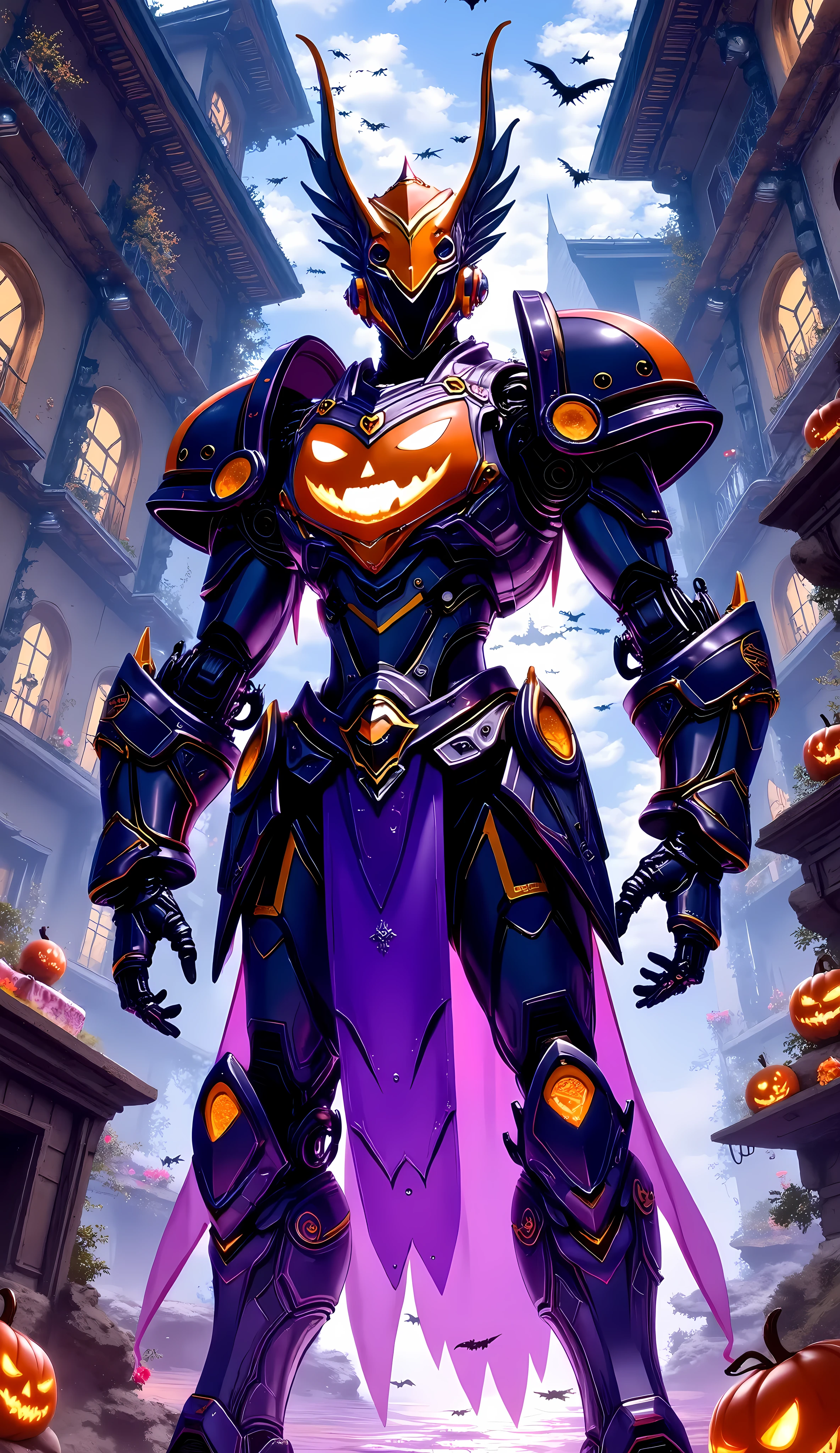 Attractive cyborg, An aesthetic fusion between a Jack-o&#39; -Lantern and a cyborg , alone, witch, (Pumpkin Shield,Jack-o&#39;-lantern design ), Halloween elements, Seamless Blend, Sweets elements, Pumpkin elements, Purple＆orange＆Black trade color, Halloween decorations,  Purple or Blue, Speaking of Halloween..., ROUGH