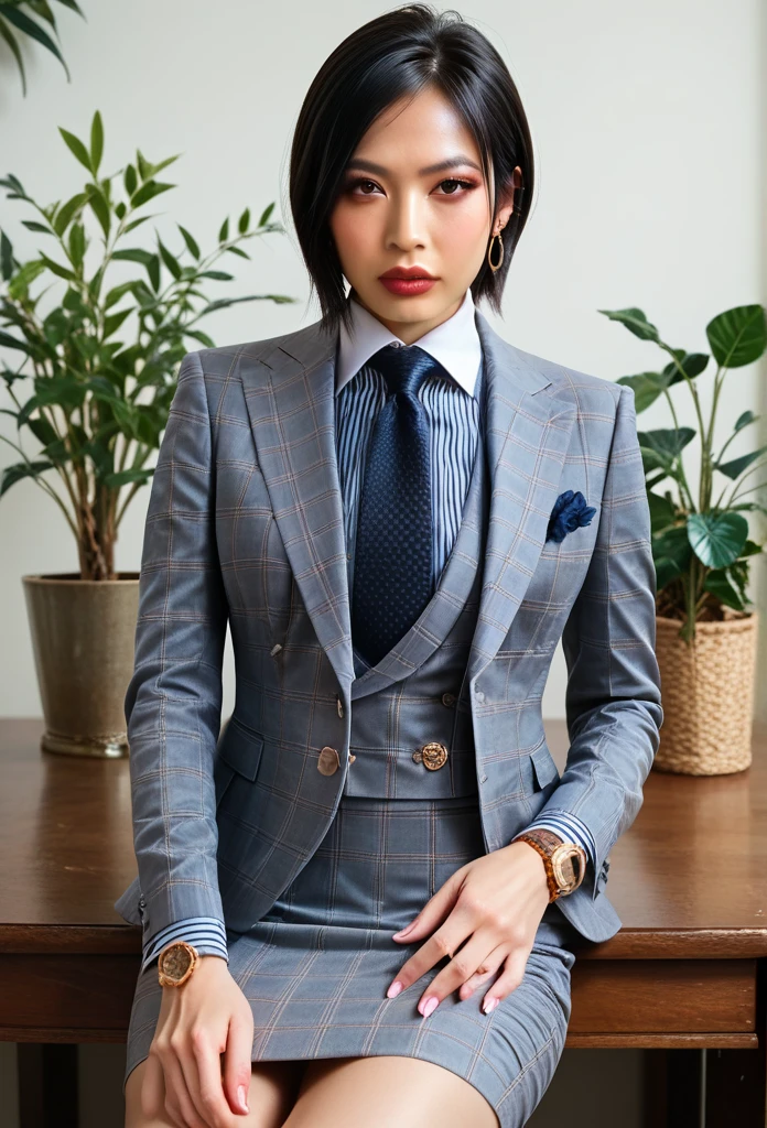 score_9, score_8_up, score_7_up, source_anime, hi res, masterpiece, best quality, highres, three-piece suit, 1girl, jewelry, formal, ada wong, black hair, earrings, suit, lips, looking at viewer, buttons, plant, striped, striped shirt with white collar, striped necktie, dark grey jacket, plaid pattern, sitting on desk, high heels, (((skirt))), pocket square, pocket chain watch, tie clip, suit accessories, silk shirt, silk tie, miniskirt, pencil skirt, knees