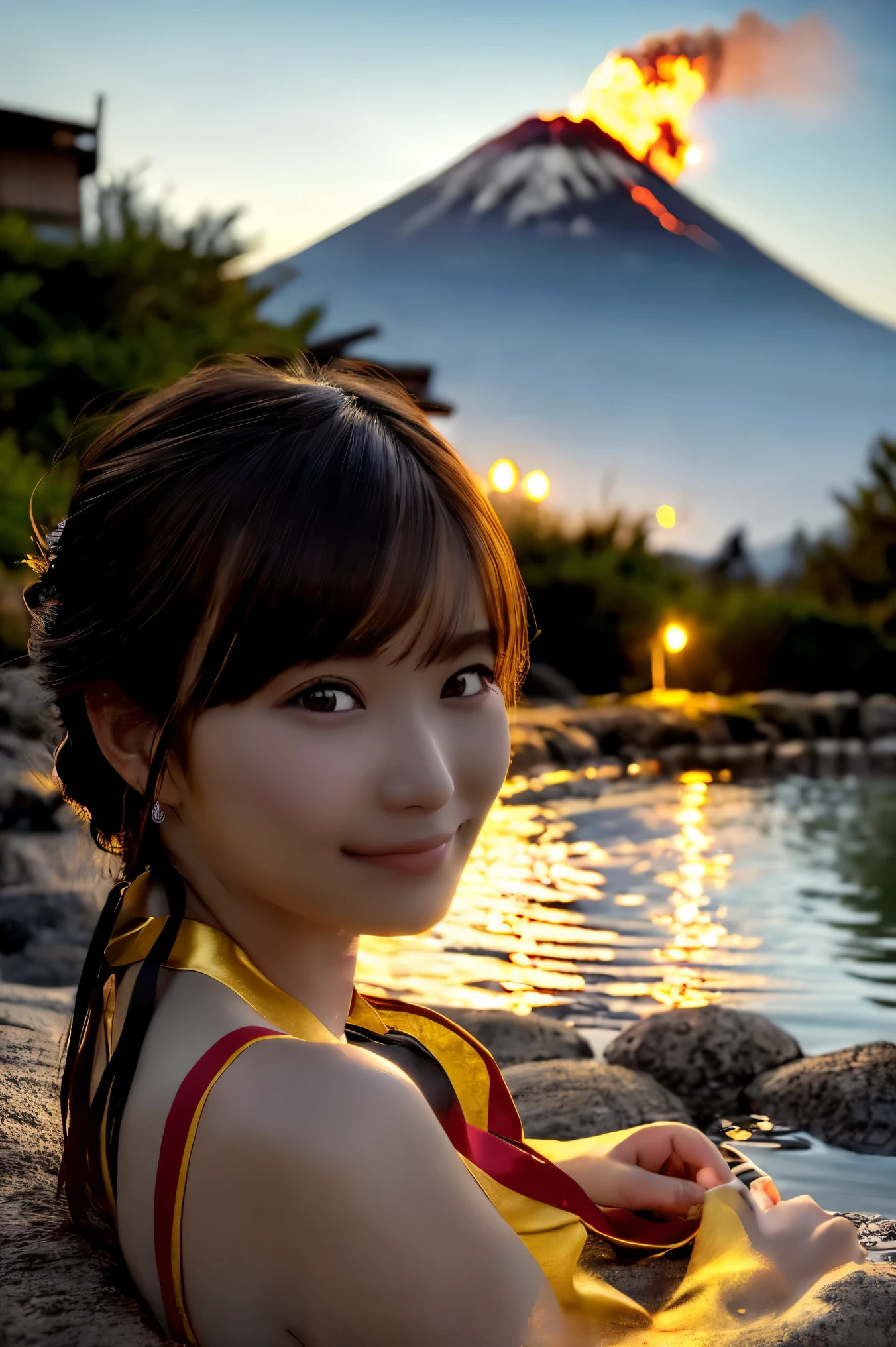 ((Onsen with a view of the volcano:1.3)), (masutepiece:1.3), (8K, Photorealistic, Raw photo, Best Quality: 1.4), Japanese, (1girl in), Beautiful face, (Realistic face), (Black hair), Beautiful hairstyle, Realistic eyes, Beautiful detailed eyes, (Realistic skin), Beautiful skin, Attractive, 超A high resolution, A hyper-realistic, Highly detailed, Golden ratio,